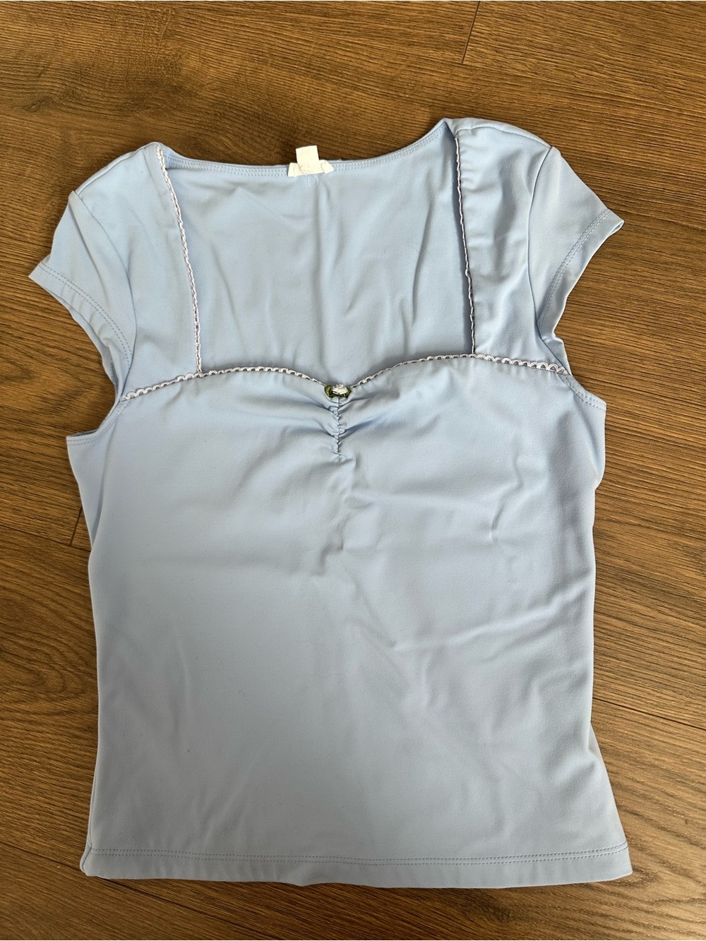 Garage Pale Blue Short Sleeve Scoop-Style Top with Flower Accent